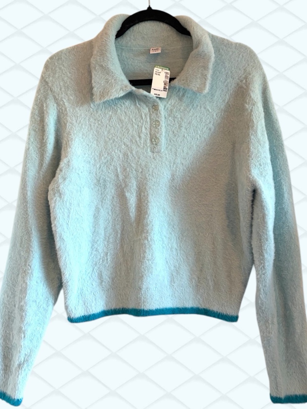 Simons Light Blue Fuzzy Polo Sweater with Teal Hem